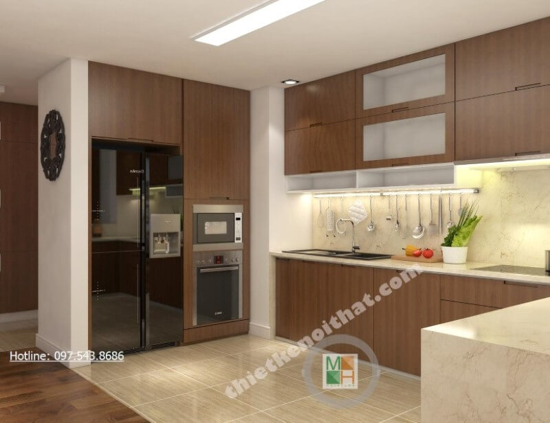 Tủ bếp chữ L kết hợp tủ bát và kệ gia vị đem đến một phòng bếp đầy đủ công năng Tủ bếp hiện đại đẹp