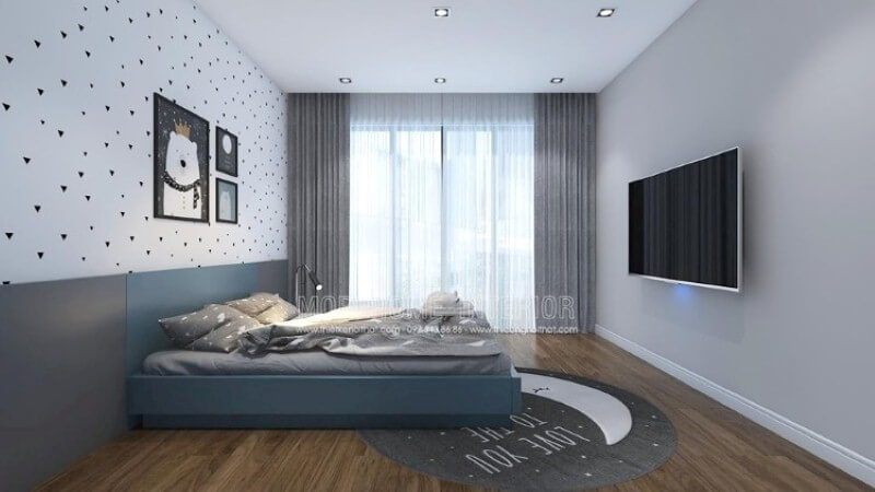 Giấy dán tường phòng trẻ em đơn giản cùng bộ tranh canvas giúp phòng bé trở nên sinh động, đáng yêu.