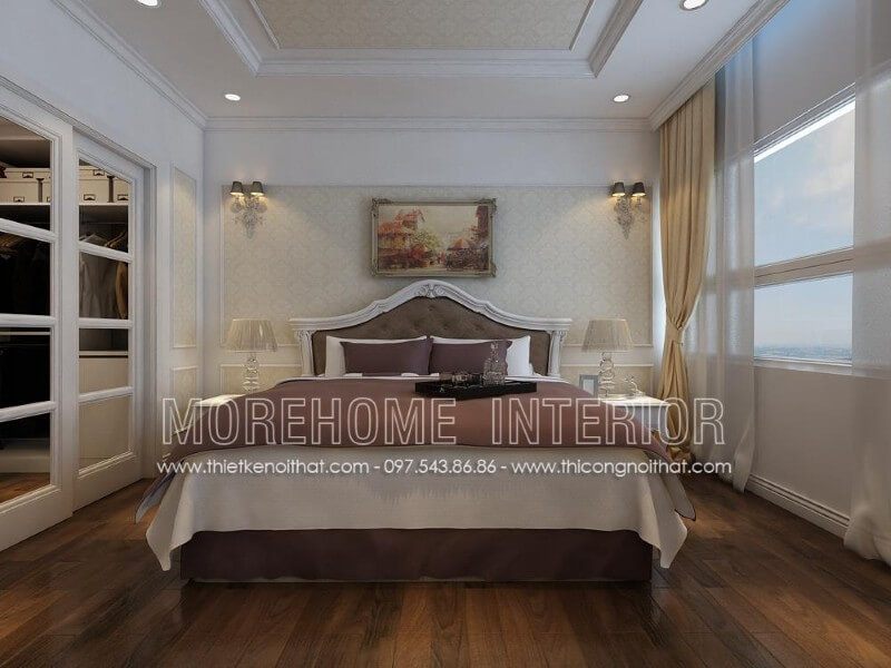 Thiết kế nội thất giường ngủ tân cổ điển với những họa tiết hoa văn đơn giản, không quá cầu kỳ, màu sắc nhẹ nhàng tinh tế sẽ tạo nên sự ấn tượng, sang trọng và đẳng cấp cho chủ nhân.