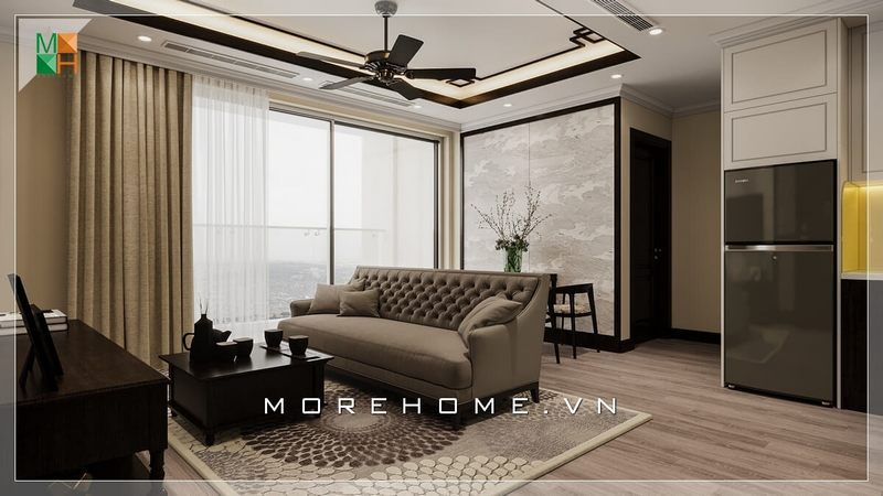 . Tạo ra một không gian trang nhã, sang trọng cho căn hộ cao cấp bằng cách kết hợp nội thất tân cổ điển với nội thất gỗ tự nhiên trong thiết kế phòng khách.